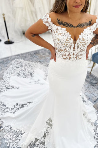 Mermaid Off the Shoulder Elastic Satin Wedding Dress with Appliques AB05060202