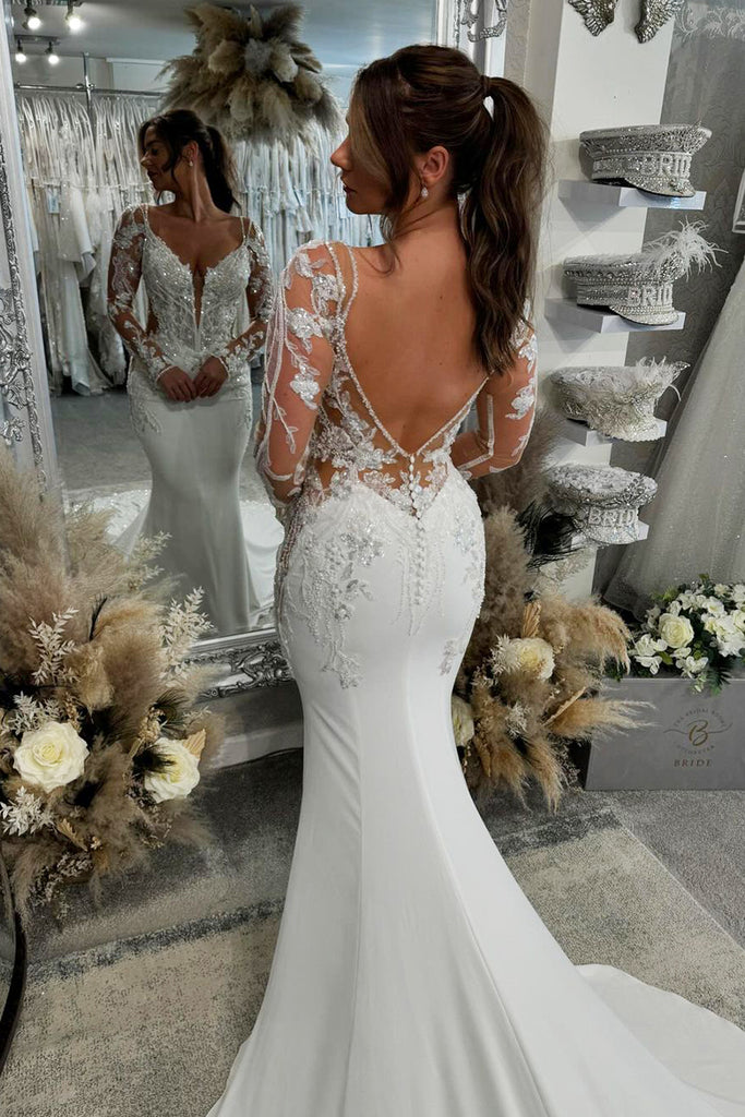 Elegant Mermaid V Neck Satin Long Wedding Dresses with Appliques AB24100909 Anniebride Elegant Mermaid V Neck Satin Long Wedding Dresses with Appliques AB24100909 Anniebride