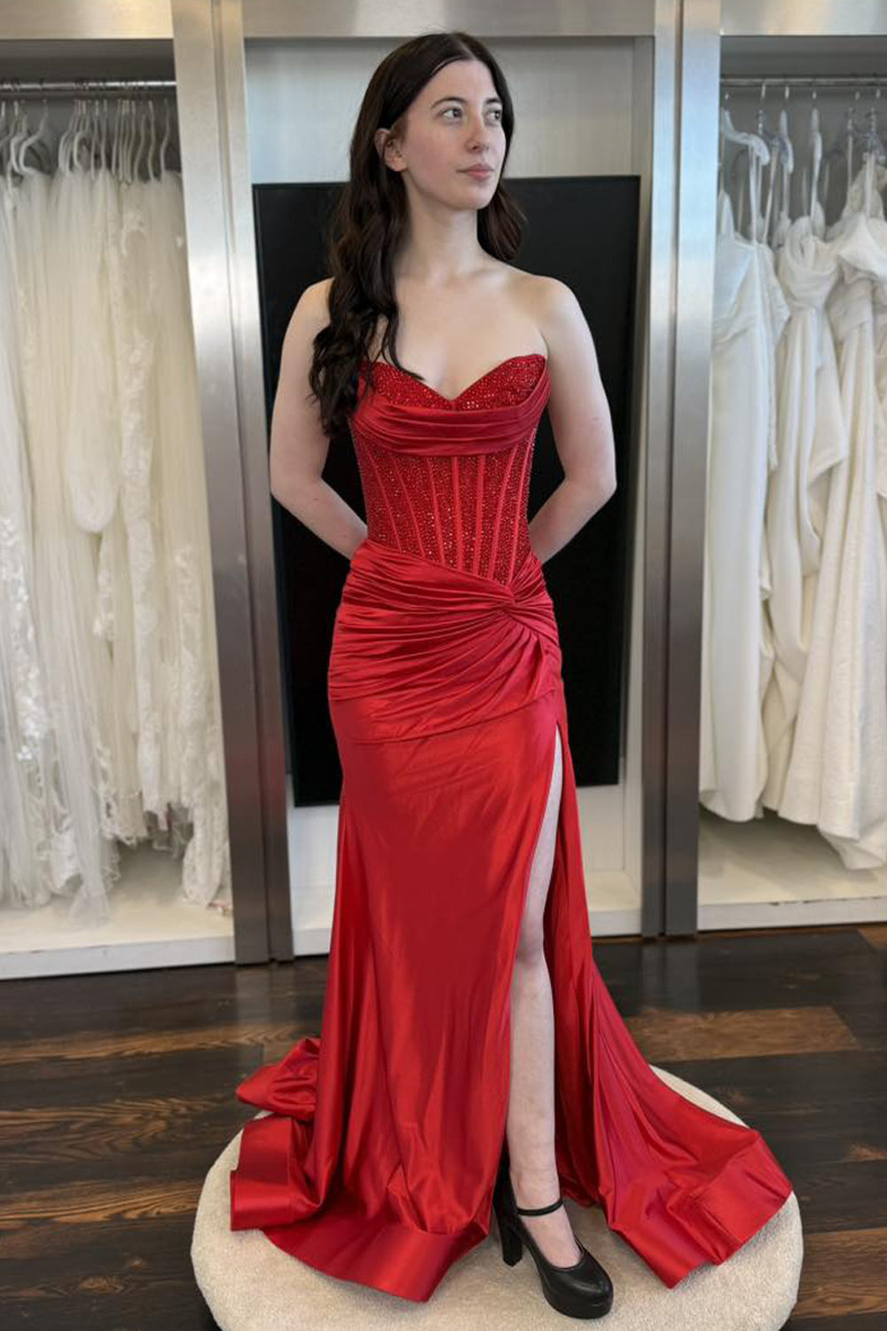 Mermaid Sweetheart Red Satin Prom Dress with Slit AB251106