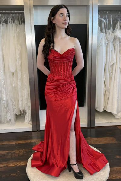 Mermaid Sweetheart Red Satin Prom Dress with Slit AB251106