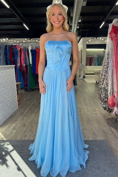 Simple A-Line Strapless Blue Chiffon Prom Dress with Bow AB021508