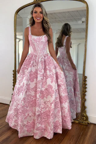 A Line Squard Neck Jacquard Satin Prom Dress with Pearls AB25120806