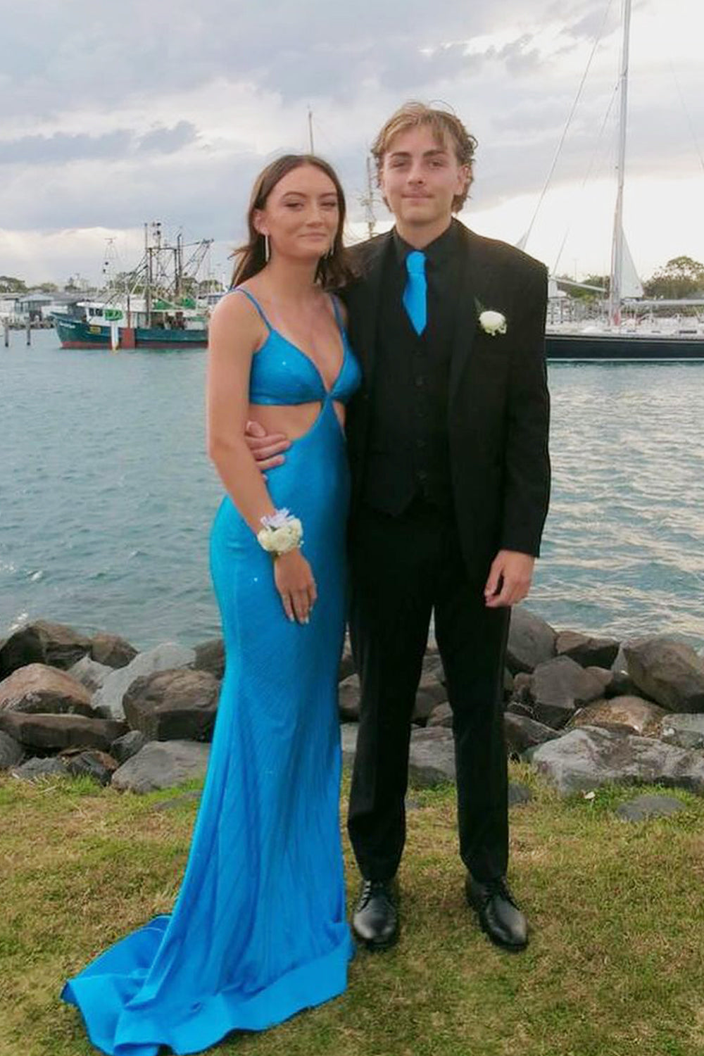Charming Mermaid V Neck Blue Satin Long Prom Dresses AB24102214