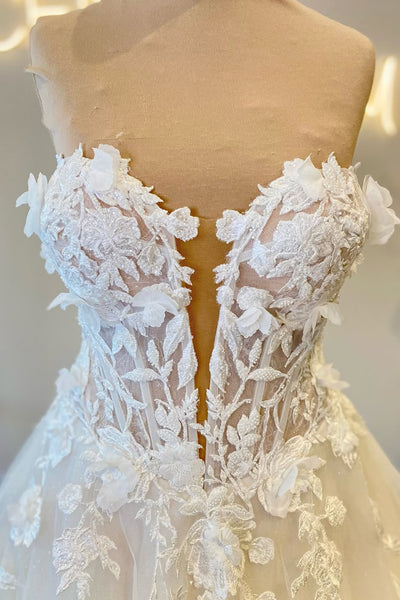 Bohemian A Line Sweetheart Tulle Long Wedding Dress with Appliques AB25100603