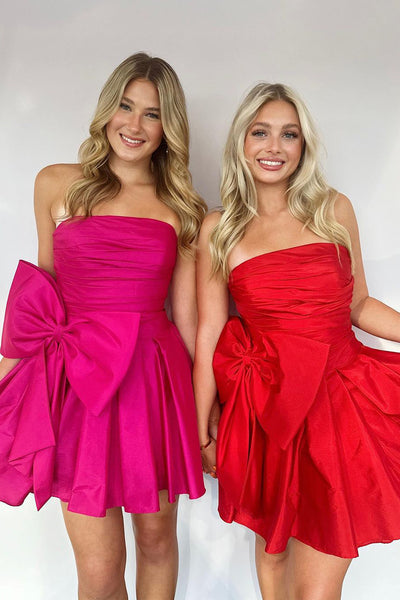 Cute A Line Strapless Red Satin Homecoming Dresses with Bow AB24072904