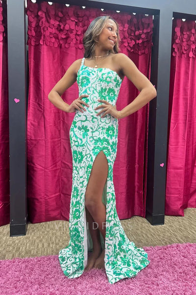 Charming Mermaid One Shoulder White Sequins Long Prom Dress with Slit AB112804