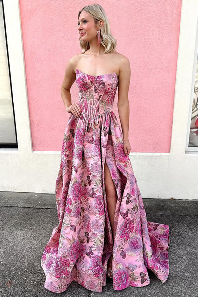 A Line Sweetheart Jacquard Satin Prom Dress with Slit AB25120801