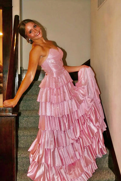 Gorgeous A Line Sweetheart Light Pink Satin Prom Dress with Hot Fix AB26041906