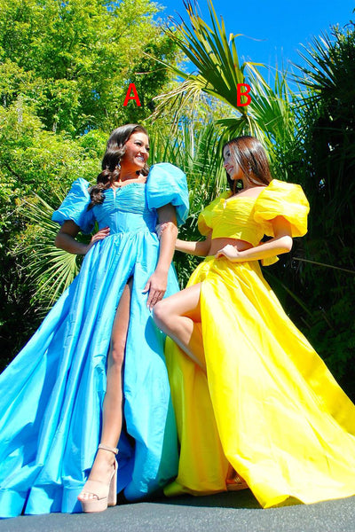 Cute Sweetheart Two Piece Yellow Satin Long Prom Dress AB4051603