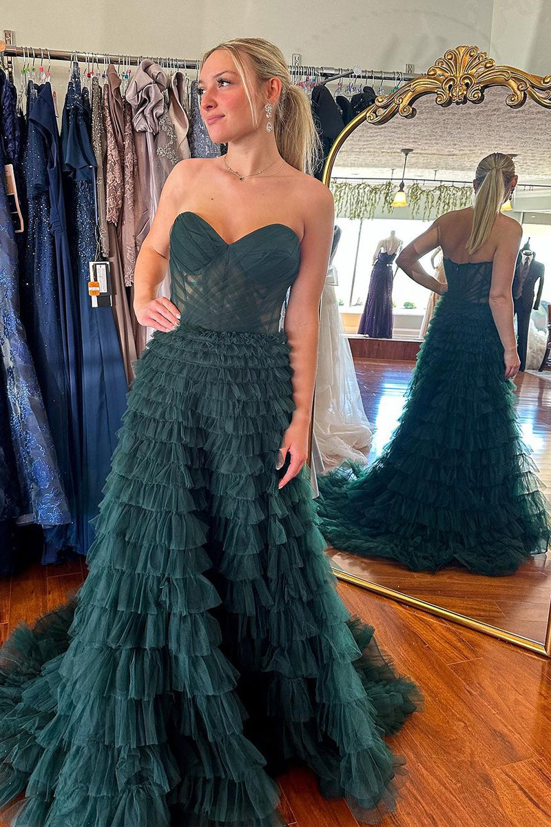 Elegant A Line Sweetheart Ruffle Tiered Tulle Prom Dress AB4051003