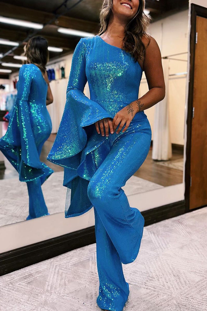 Charming One Shoulder Blue Sequins Long Prom Dresses with Ruffled Sleeves AB110901