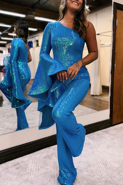 Charming One Shoulder Blue Sequins Long Prom Dresses with Ruffled Sleeves AB110901