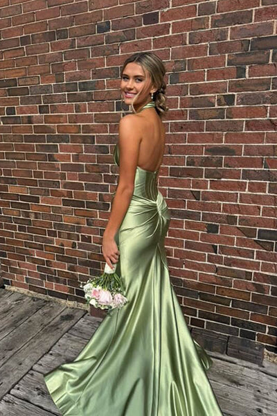 Cute Mermaid Halter Saga Green Satin Long Prom Evening Dresses with Slit AB25052837