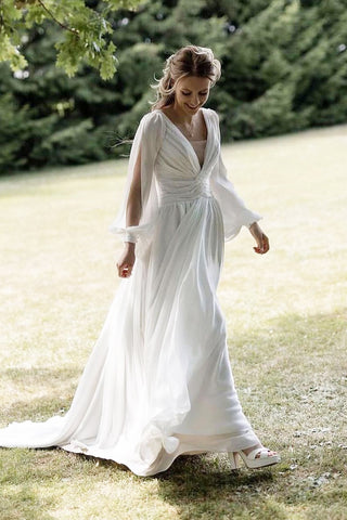Bohemain A Line V Neck Chiffon Wedding Dresses with Long Sleeves AB100904