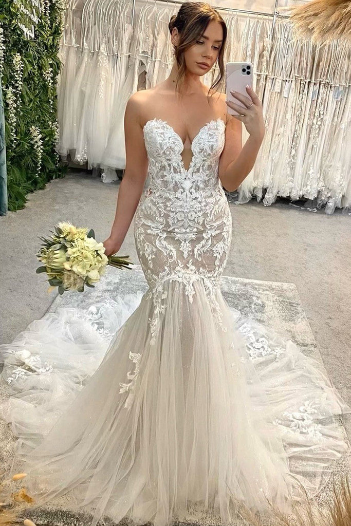 Elegant Mermaid Sweetheart Tulle Wedding Dresses with Appliques AB24070206 Anniebride Elegant Mermaid Sweetheart Tulle Wedding Dresses with Appliques AB24070206 Anniebride
