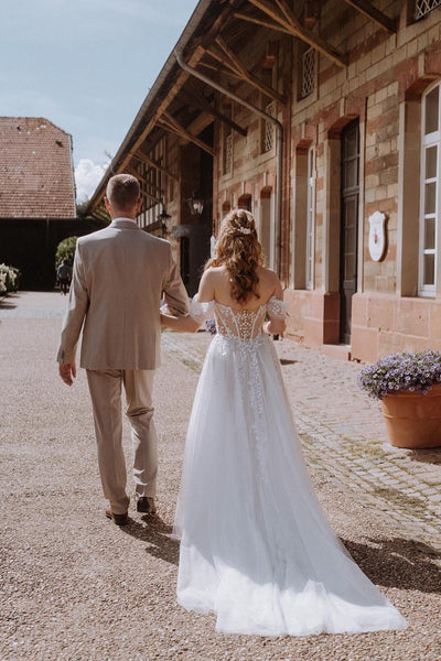 A Line Off the Shoulder Tulle Wedding Dress with Appliques AB25093002