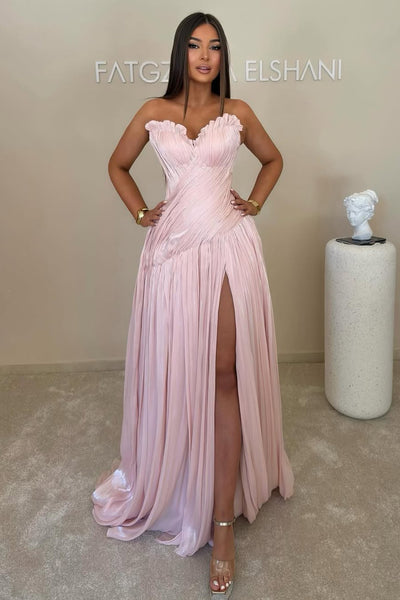 A Line Sweetheart Light Pink Pleat Chiffon Evening Dress Wedding Guest Dress with Slit AB26052409