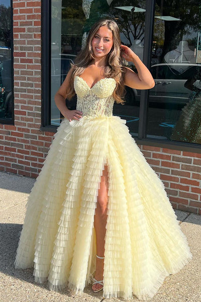 Cute Ball Gown Sweetheart Daffodil Tulle Tiered Long Prom Dresses with Appliques AB121304