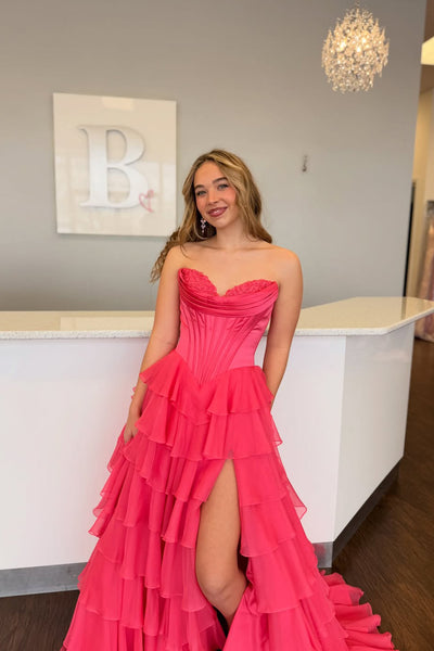 Cute A Line Sweetheart Hot Pink Chiffon Tiered Prom Dress with Slit AB26022803