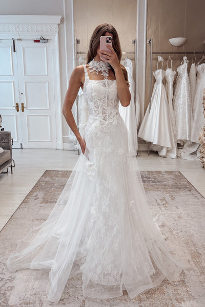 Mermaid Square Neck Tulle Lace Wedding Dress with Appliques AB26063015