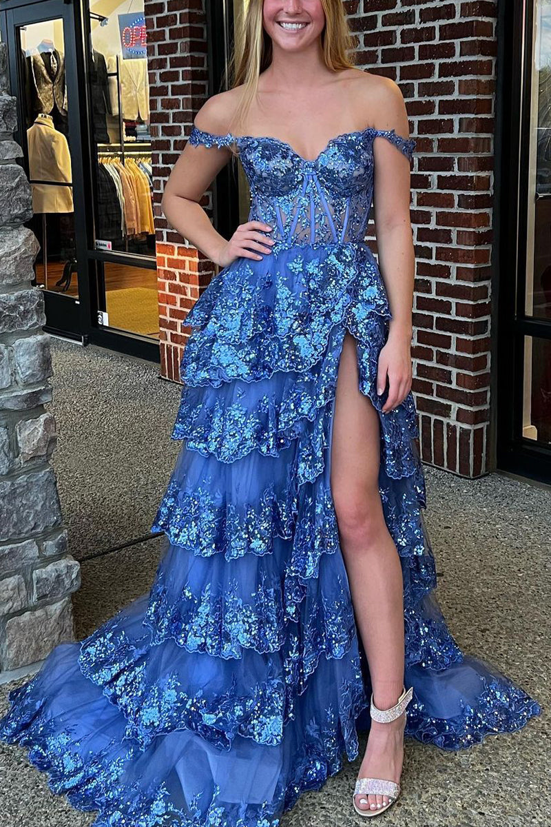 Modern A Line Off the Shoulder Blue Tulle Long Prom Dresses with Sequin Lace AB061824