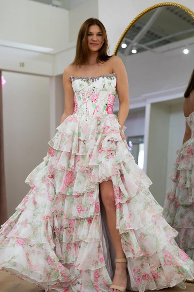 Cute A Line Strapless Blue Floral Satin Prom Dress with Beading AB26032208