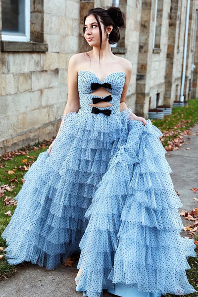 Fairy A Line Strapless Red Dot Tulle Tiered Prom Dress AB25010402