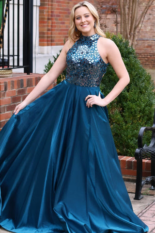 Cute A Line Teal Cut Glass Mirror Halter Long Formal Dress
