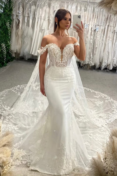 Gorgeous Off the Shoulder Mermaid Sequins Lace Wedding Dress with Appliques AB26022810