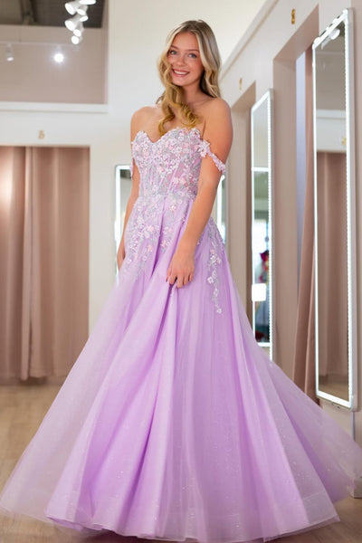 Cute A Line Sweetheart Lavender Tulle Prom Dress with Appliques AB26030505