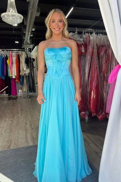 Simple A-Line Strapless Blue Chiffon Prom Dress with Bow AB021508