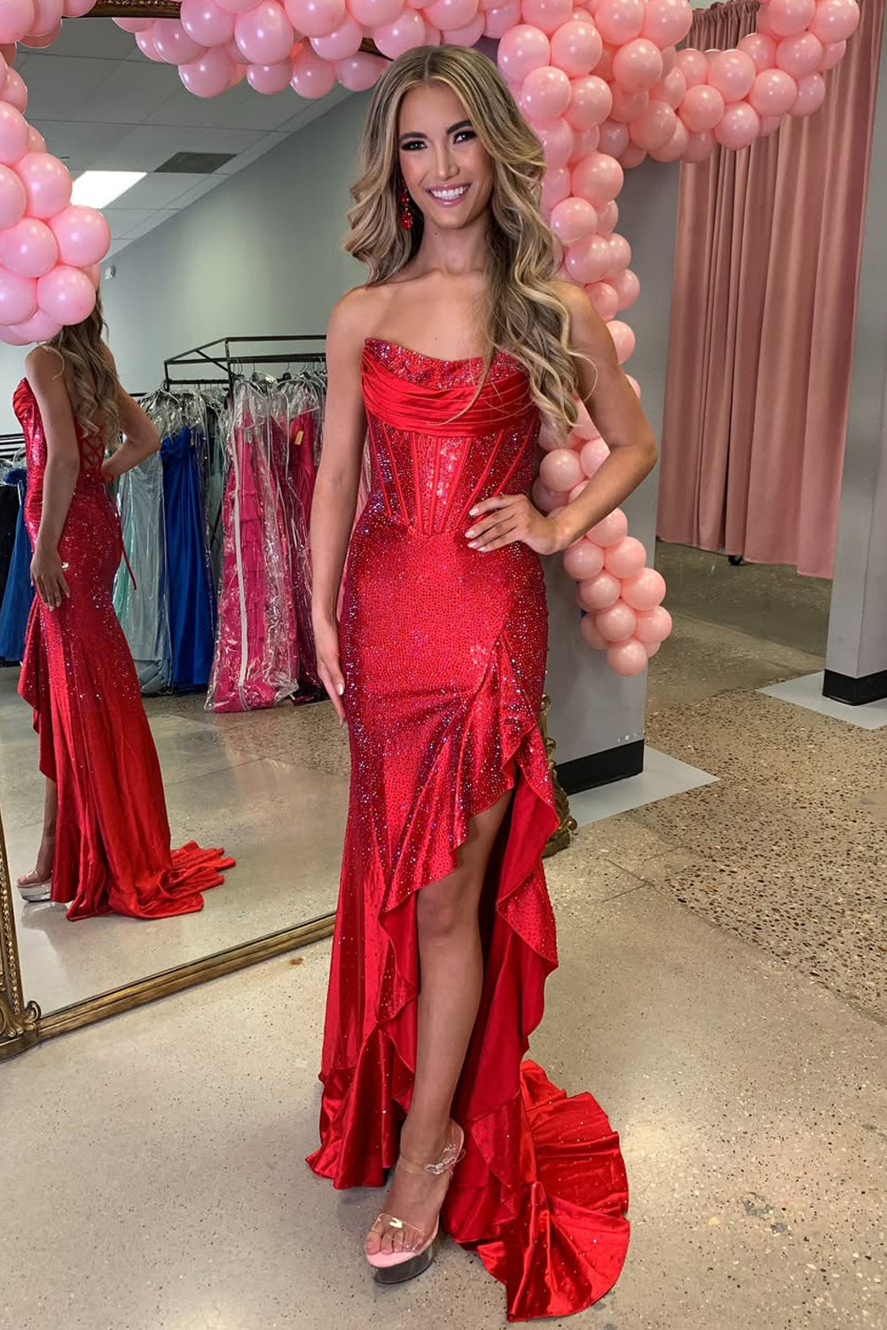Gorgeous Mermaid Scoop Neck Red Satin Prom Dress with Rhinestones AB25101701