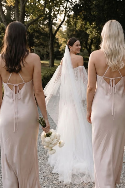 Sheath Straps Champagne Silk Satin Long Bridesmaid Dress AB26060114
