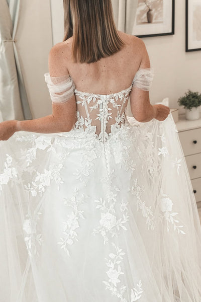 Fairy A Line Off the Shoulder Tulle Wedding Dress with Appliques AB25092520