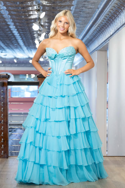 Cute A Line Sweetheart Lake Blue Chiffon Long Prom Dress with Slit AB26040108