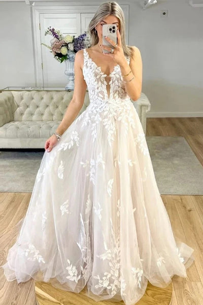 Boho A Line V Neck Champagne Tulle Wedding Dress with Appliques AB26060305