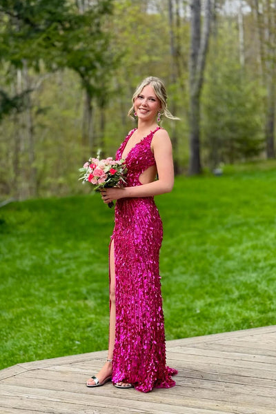 Stunning Mermaid V Neck Fuchsia Sequins Prom Dress with Beading AB26050706