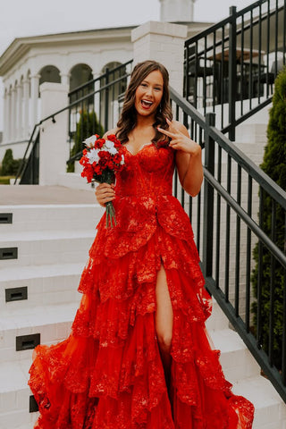 Cute A Line Sweetheart Red Tiered Tulle Prom Dress with Slit AB25052824