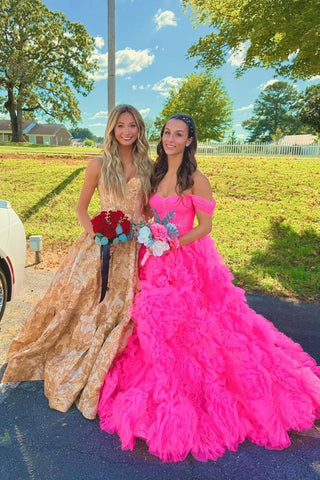 Gorgeous A Line Off the Shoulder Pink Tulle Tiered Long Prom Dress AB25100704