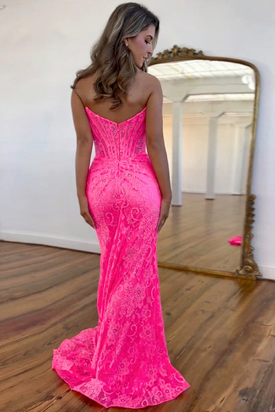 Pink Mermaid Strapless Sweep Train Lace Prom Dress With Slit AB4040902