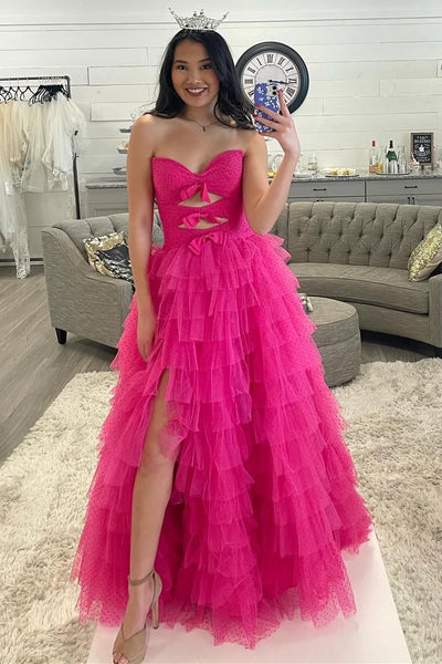 Fairy A Line Strapless Red Dot Tulle Tiered Prom Dress AB25010402