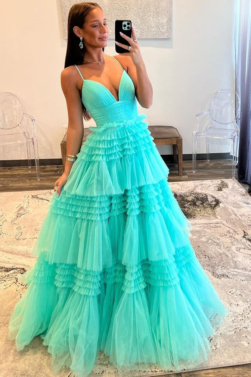 Cute A Line V Neck Mint Tulle Long Prom Dress AB120602