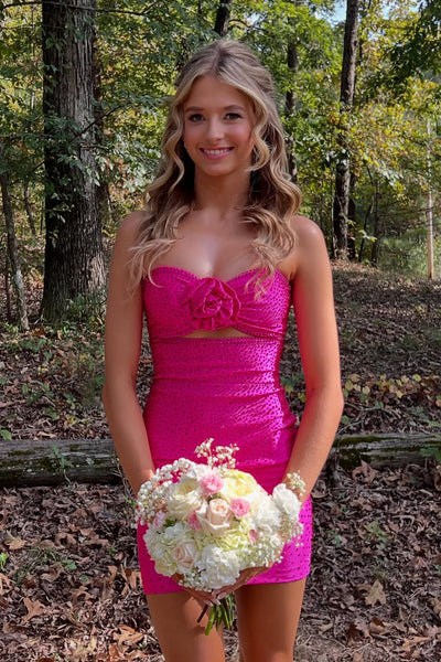 Cute Bodycon Sweetheart Fuchsia Satin Homecoming Dress with Hot Stone AB25101003