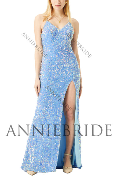 Cute Mermaid V Neck Light Blue Velvet Sequins Prom Dresses with Slit AB061828