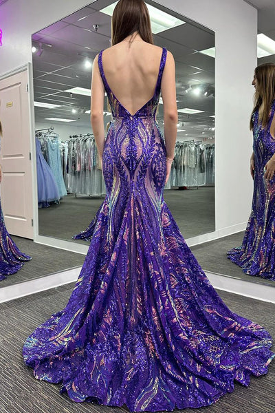 Charming Mermaid V Neck Green Sequins Prom Dresses AB121504