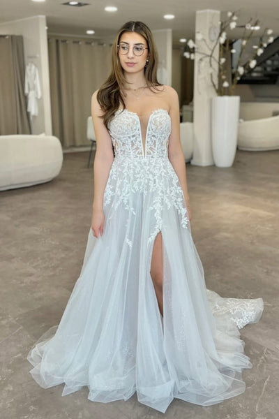Boho A Line Sweetheart Tulle Wedding Dress with Appliques AB26060815