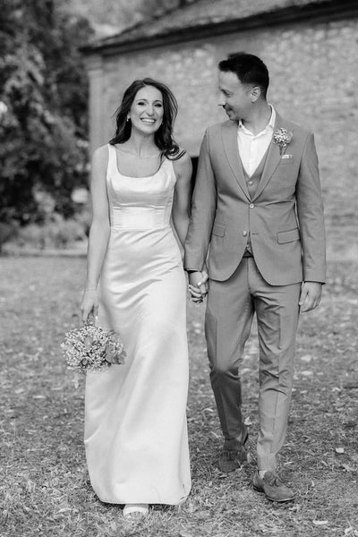 Sheath Square Neck White Satin Floor Length Wedding Dress AB25092310