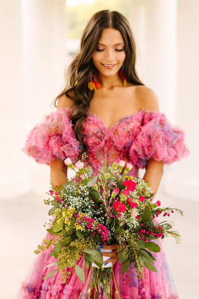 Gorgeous Ball Gown Sweetheart Tiered Pink Floral Tulle Prom Dress AB05060502