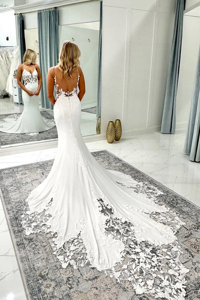 Bohemian Mermaid V Neck Satin Long Wedding Dress with Appliques AB25100101