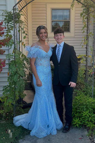 Cute Mermaid Off the Shoulder Light Blue Lace Prom Dresses AB24102216